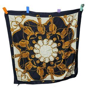 Italian Specialty House Square Polyester Navy Blue White Horse Saddle Gold Scarf